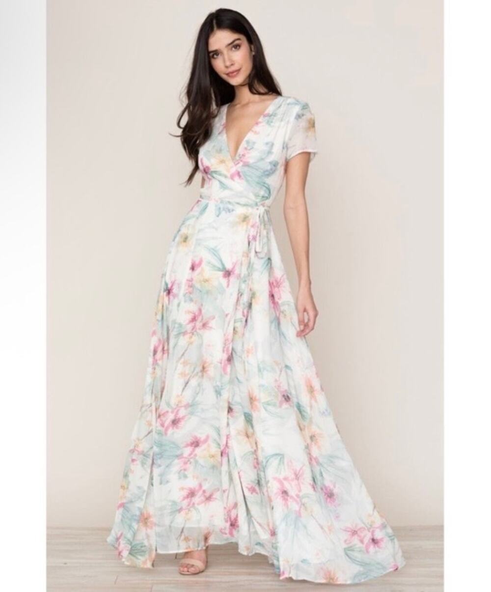 Yumi Kim Bridesmaid Calypso Wrap Maxi Dress in Spring Fling Print Floral Flowy